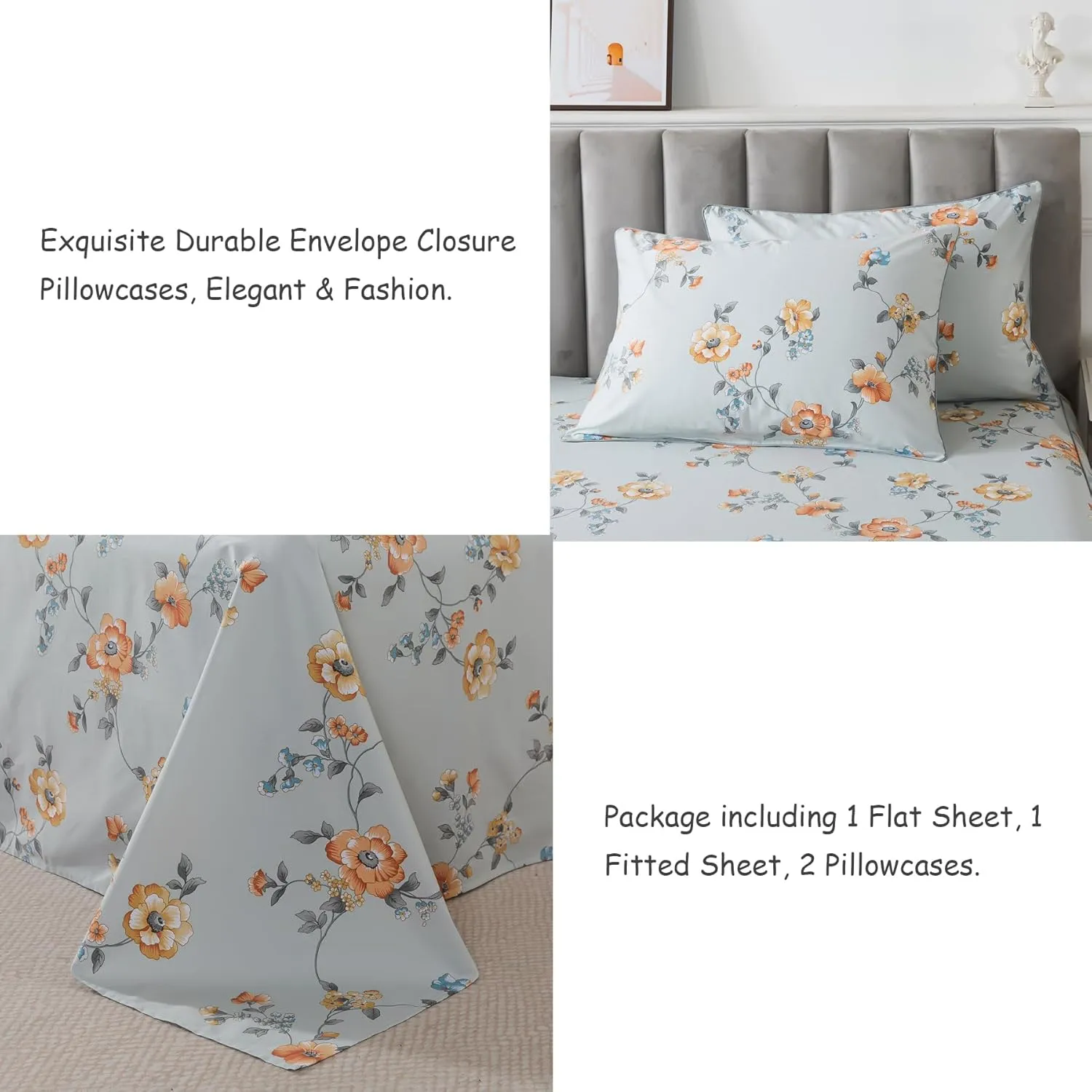 Lemfux Queen Sheet Set 4 Pieces Cotton Floral Pattern Vintage Deep Pocket17.5, Garden Style Soft Bed Sheet, Farmhouse Bedding Set 1 Flat Sheet 102"x98", 1 Fitted Sheet 60"x80", 2 Pillowcases 20"x29"