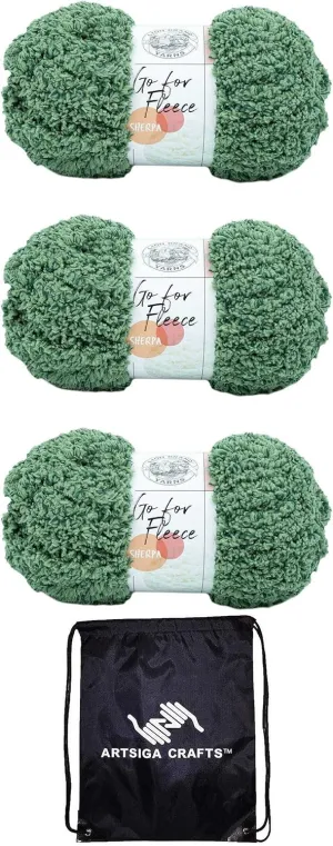 Lion Brand Go for Fleece Sherpa Fern 937-171 (3-Skeins - Same Dye Lot) Jumbo #7 Polyester Yarn for Crocheting and Knitting with Project Bag
