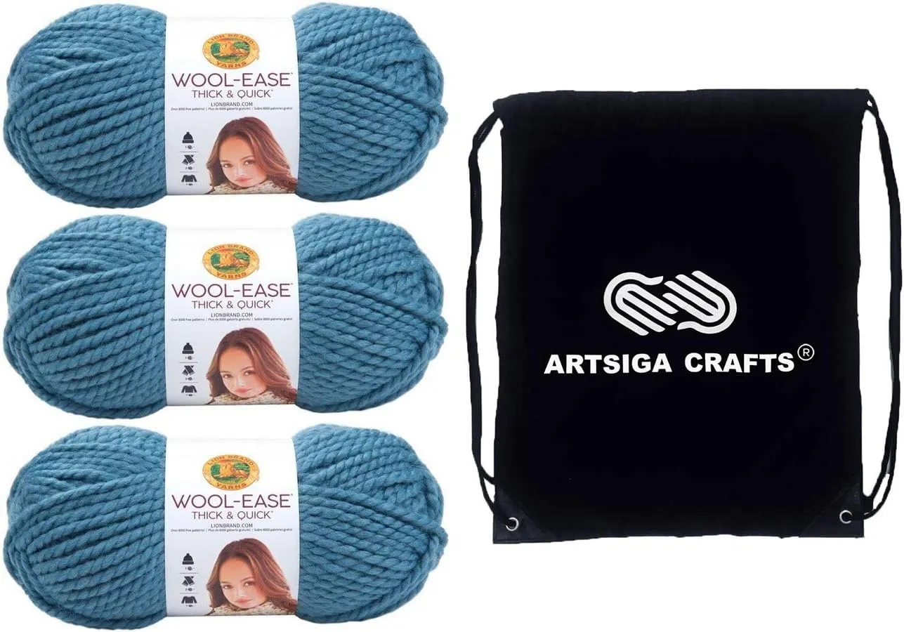 Lion Brand Wool Ease Thick & Quick Air Force 640-108 (3-Skeins - Same Dye Lot) #6 S Bulky Acrylic-Wool Yarn for Crocheting and Knitting with Project Bag