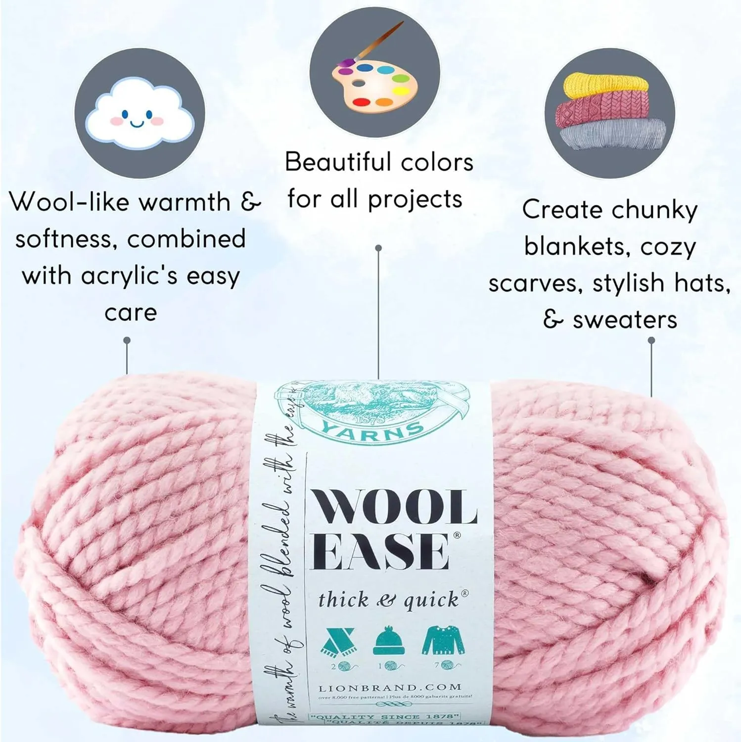 Lion Brand Wool Ease Thick & Quick Blossom 640-103 (3-Skeins - Same Dye Lot) #6 S Bulky Acrylic-Wool Yarn for Crocheting and Knitting with Project Bag