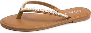 LM Women's Pearls Strappy Flat Sandals Thong Sandals Flip Flop Slip On Slide Sandals for Women Dressy Summer