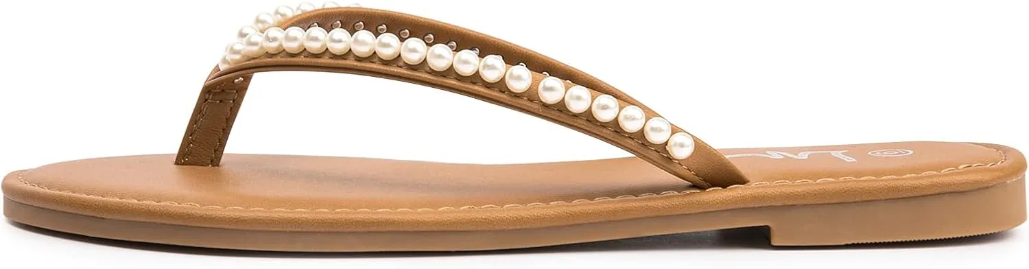 LM Women's Pearls Strappy Flat Sandals Thong Sandals Flip Flop Slip On Slide Sandals for Women Dressy Summer