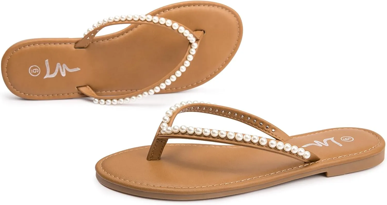 LM Women's Pearls Strappy Flat Sandals Thong Sandals Flip Flop Slip On Slide Sandals for Women Dressy Summer
