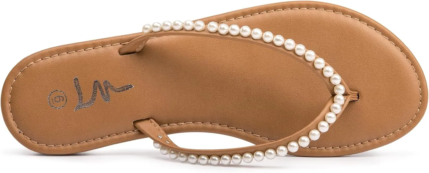 LM Women's Pearls Strappy Flat Sandals Thong Sandals Flip Flop Slip On Slide Sandals for Women Dressy Summer