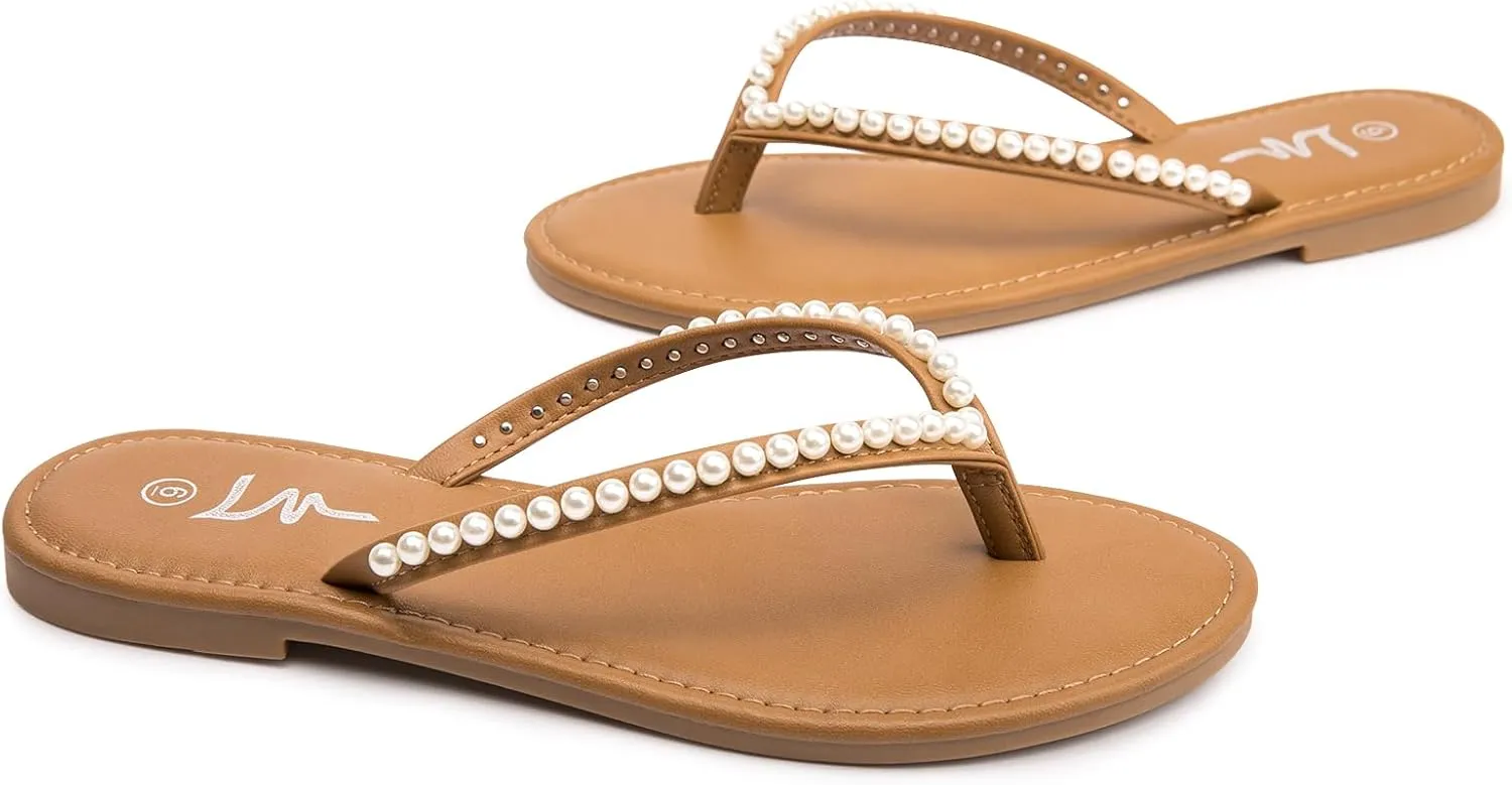 LM Women's Pearls Strappy Flat Sandals Thong Sandals Flip Flop Slip On Slide Sandals for Women Dressy Summer