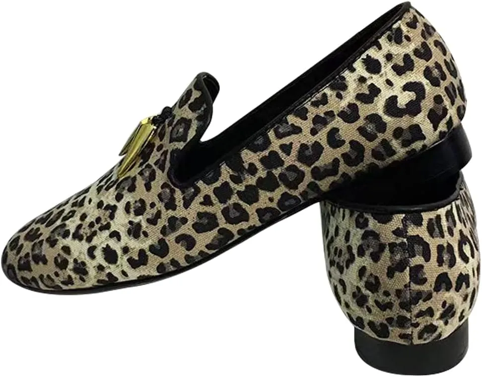 Loafers for Men - Canvas Leopard Print Loafers Slip-on Flat Cotton Wedding Dress Shoes…