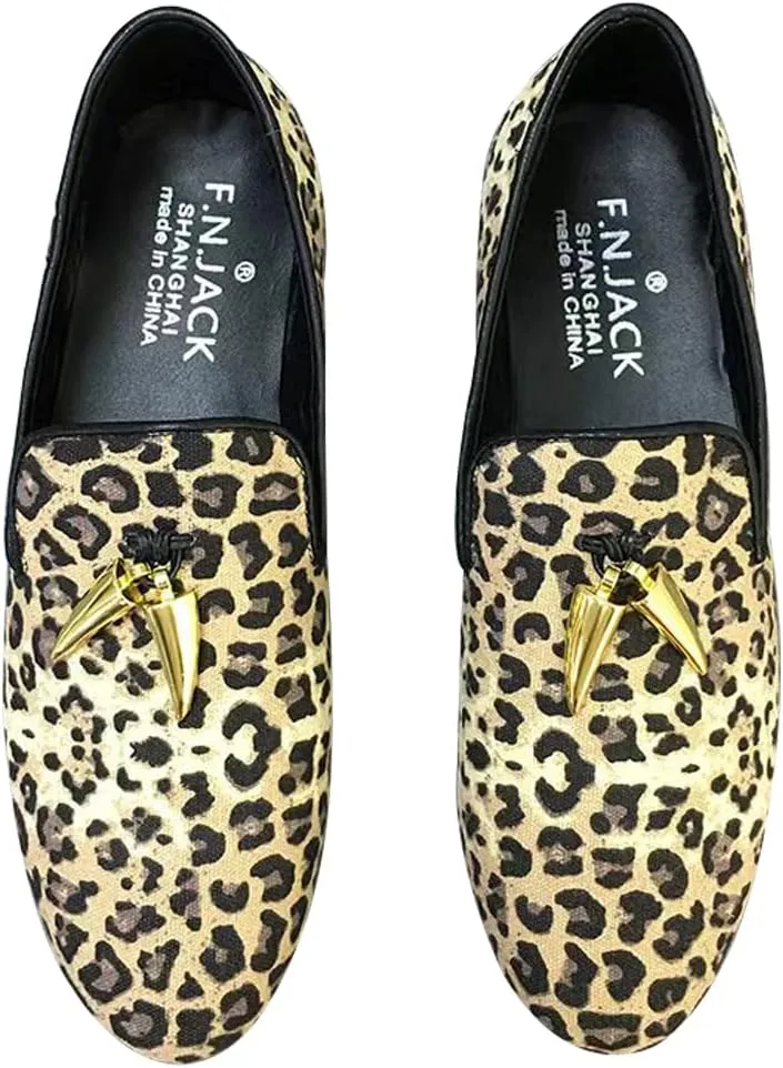 Loafers for Men - Canvas Leopard Print Loafers Slip-on Flat Cotton Wedding Dress Shoes…