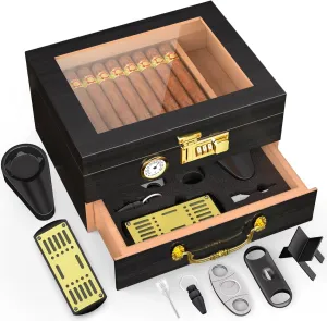 Lockable Cigar Humidor | Cedar Lined Glass Top Cigar Humidor | Front-Mounted Hygrometer, Accessory Drawer, Complete Accessories Set | Holds 20-50 Cigars