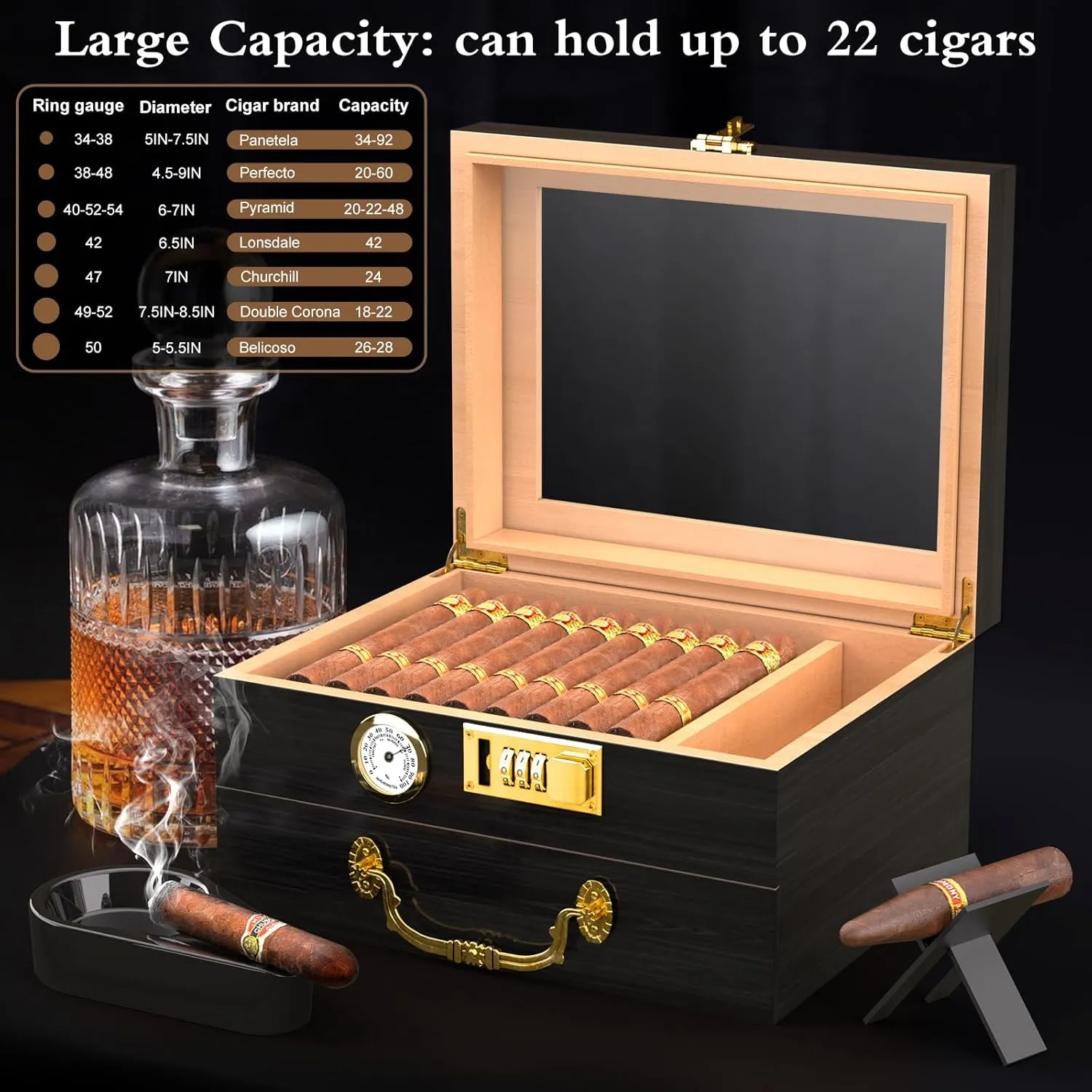 Lockable Cigar Humidor | Cedar Lined Glass Top Cigar Humidor | Front-Mounted Hygrometer, Accessory Drawer, Complete Accessories Set | Holds 20-50 Cigars