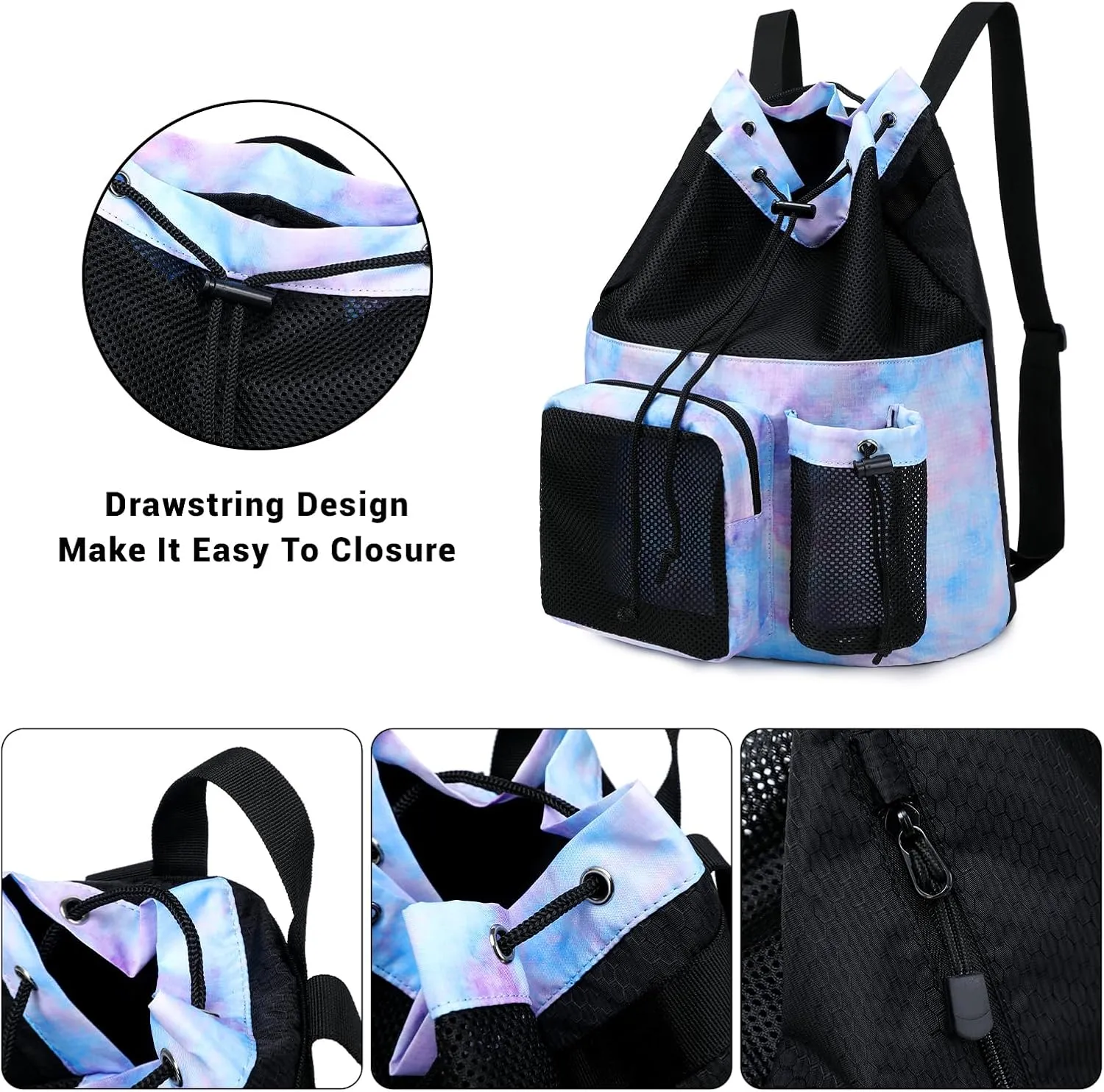 Lohol Large Mesh Drawstring Backpack with Shoe Bag, Durable Swimming String Sack with Handle for Sports Gym Yoga Beach Travel