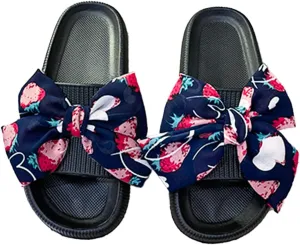 Loizziuy Strawberry Bow Slippers for Women Cute Fruit Design Indoor Flat Slides for Home, Hotel Bathroom Summer