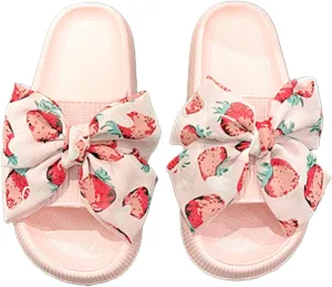 Loizziuy Strawberry Bow Slippers for Women Cute Fruit Design Indoor Flat Slides for Home, Hotel Bathroom Summer