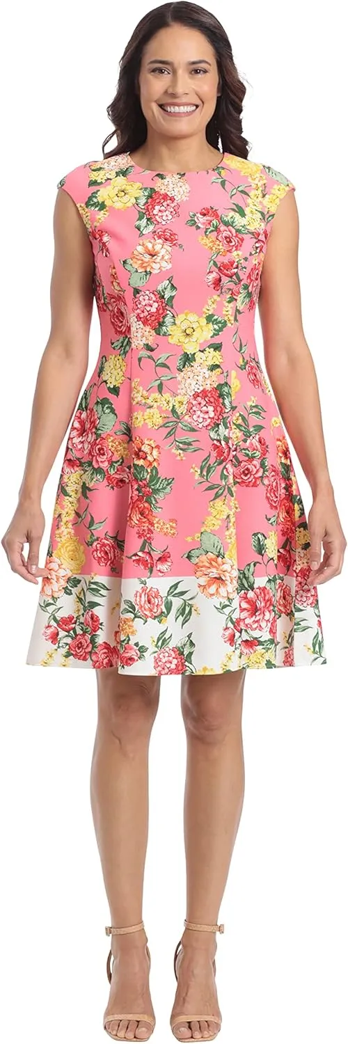 London Times Women's Cap Sleeve Fit and Flare-Elegant Summer Cocktail Graduation Garden Party Wedding Guest Dress