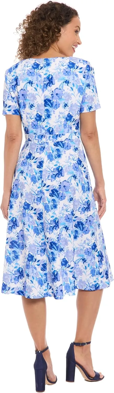 London Times Women's Elegant A-line Midi Bow Detail-Short Sleeve for Wedding Guest Cocktail Party Special Occasion Dress