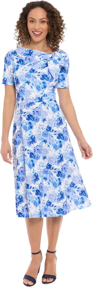 London Times Women's Elegant A-line Midi Bow Detail-Short Sleeve for Wedding Guest Cocktail Party Special Occasion Dress