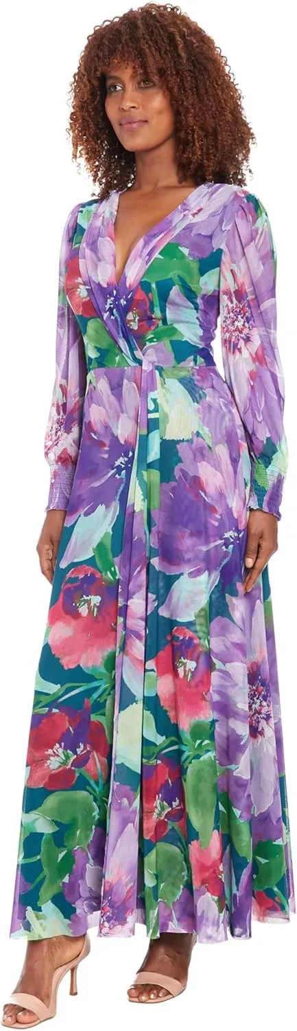 London Times Women's Elegant Empire Waist Surplice Maxi-Long Bishop Sleeve V Neck a Line-Special Occasion Wedding Guest Dress