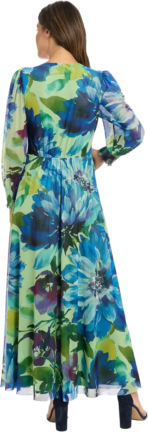 London Times Women's Elegant Empire Waist Surplice Maxi-Long Bishop Sleeve V Neck a Line-Special Occasion Wedding Guest Dress