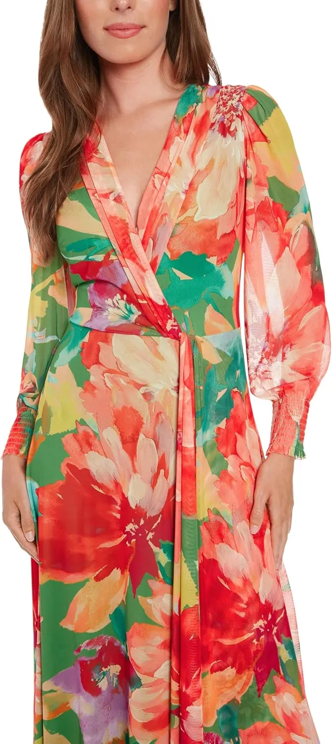 London Times Women's Elegant Empire Waist Surplice Maxi-Long Bishop Sleeve V Neck a Line-Special Occasion Wedding Guest Dress