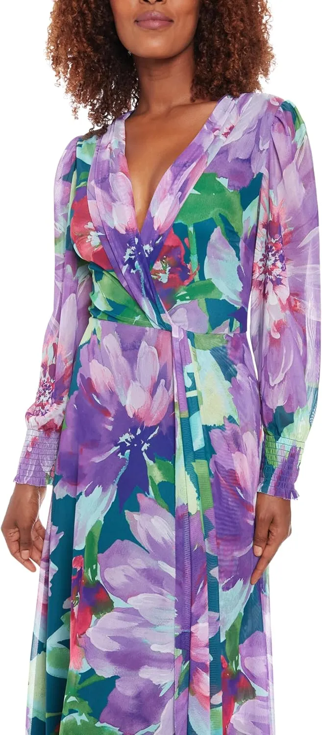 London Times Women's Elegant Empire Waist Surplice Maxi-Long Bishop Sleeve V Neck a Line-Special Occasion Wedding Guest Dress