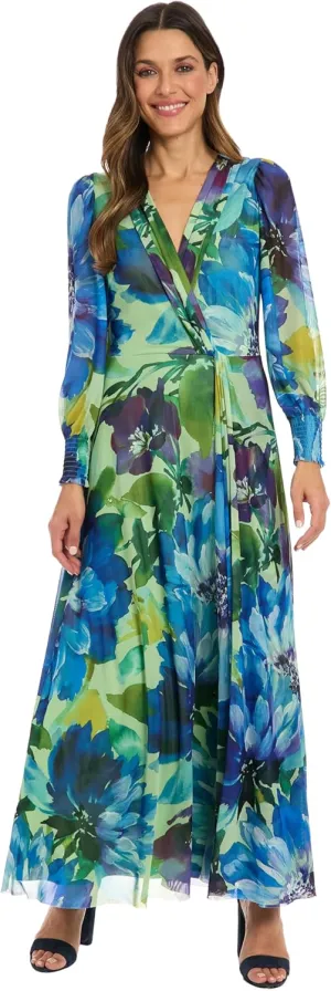 London Times Women's Elegant Empire Waist Surplice Maxi-Long Bishop Sleeve V Neck a Line-Special Occasion Wedding Guest Dress