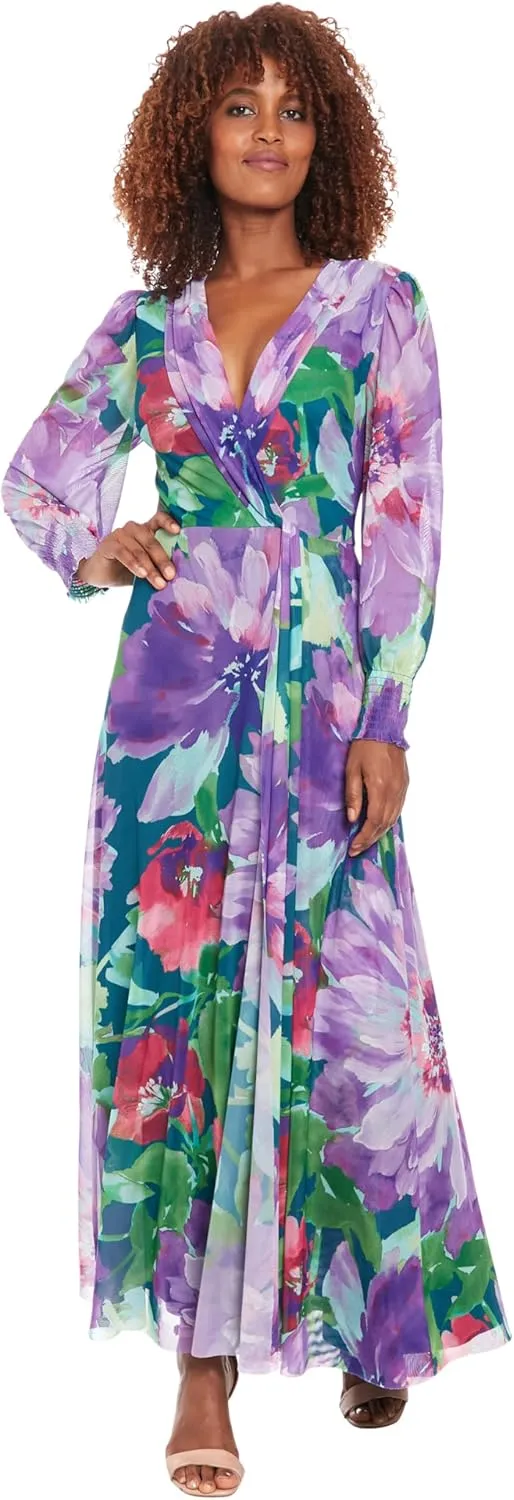 London Times Women's Elegant Empire Waist Surplice Maxi-Long Bishop Sleeve V Neck a Line-Special Occasion Wedding Guest Dress