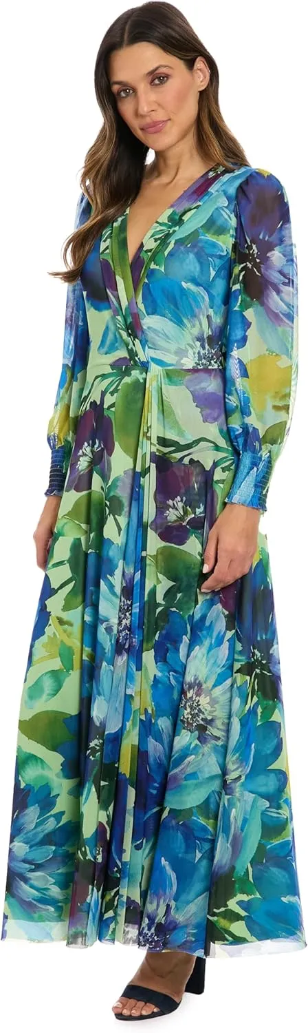London Times Women's Elegant Empire Waist Surplice Maxi-Long Bishop Sleeve V Neck a Line-Special Occasion Wedding Guest Dress