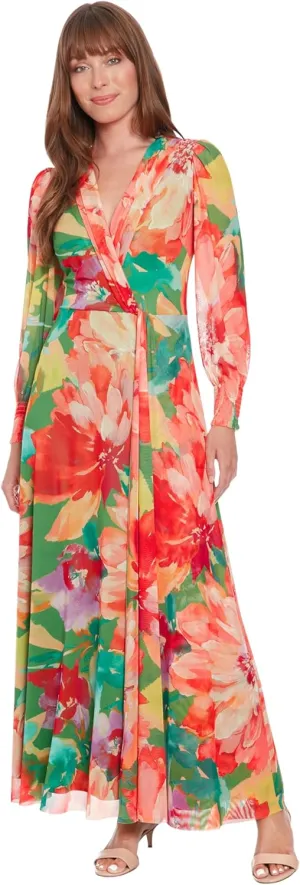 London Times Women's Elegant Empire Waist Surplice Maxi-Long Bishop Sleeve V Neck a Line-Special Occasion Wedding Guest Dress