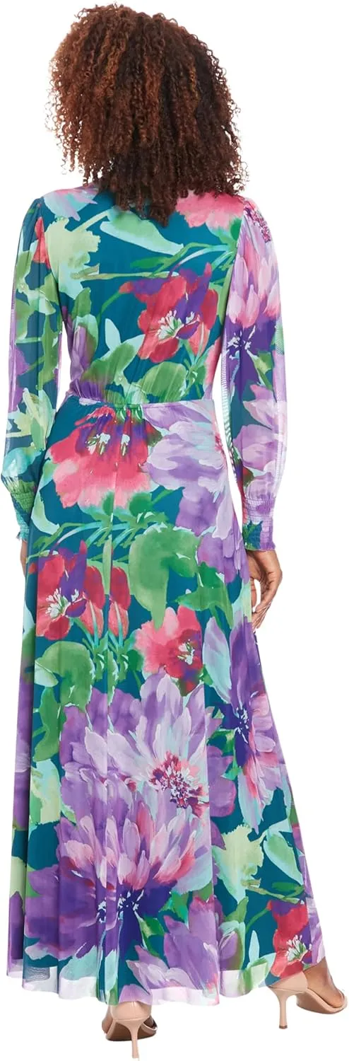 London Times Women's Elegant Empire Waist Surplice Maxi-Long Bishop Sleeve V Neck a Line-Special Occasion Wedding Guest Dress