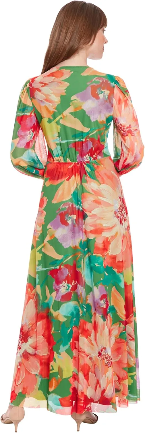 London Times Women's Elegant Empire Waist Surplice Maxi-Long Bishop Sleeve V Neck a Line-Special Occasion Wedding Guest Dress