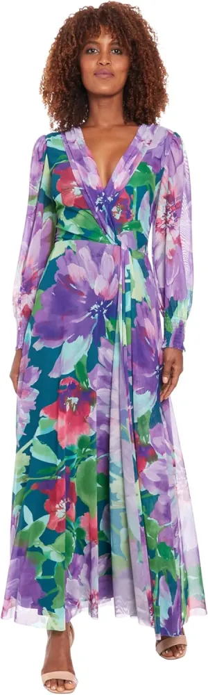 London Times Women's Elegant Empire Waist Surplice Maxi-Long Bishop Sleeve V Neck a Line-Special Occasion Wedding Guest Dress