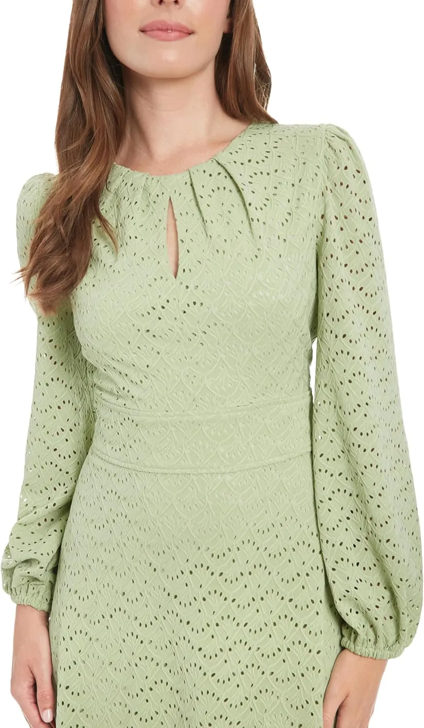 London Times Women's Elegant Eyelet Knee-Length Long Bishop Sleeves-Cinched Waist-Keyhole Neckline-Versatile Cocktail Dress