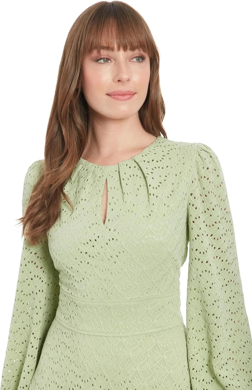 London Times Women's Elegant Eyelet Knee-Length Long Bishop Sleeves-Cinched Waist-Keyhole Neckline-Versatile Cocktail Dress