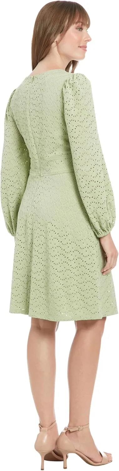 London Times Women's Elegant Eyelet Knee-Length Long Bishop Sleeves-Cinched Waist-Keyhole Neckline-Versatile Cocktail Dress