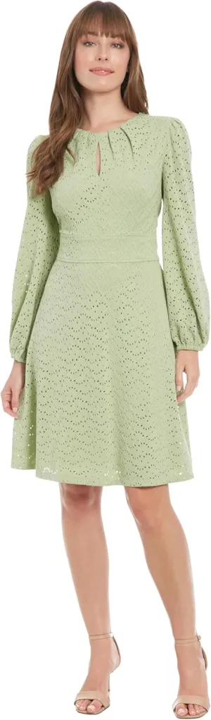 London Times Women's Elegant Eyelet Knee-Length Long Bishop Sleeves-Cinched Waist-Keyhole Neckline-Versatile Cocktail Dress