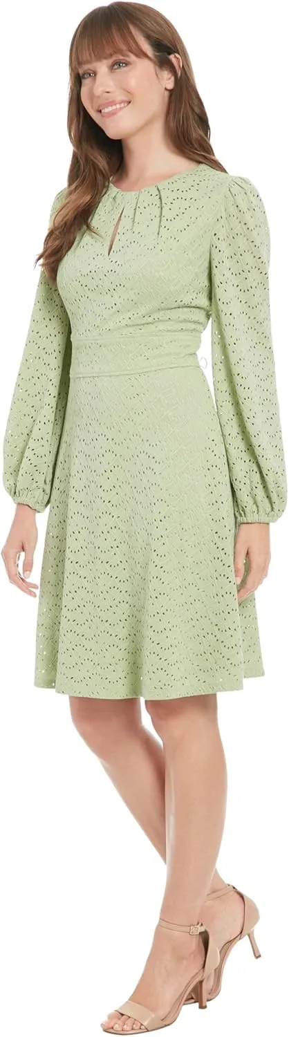 London Times Women's Elegant Eyelet Knee-Length Long Bishop Sleeves-Cinched Waist-Keyhole Neckline-Versatile Cocktail Dress