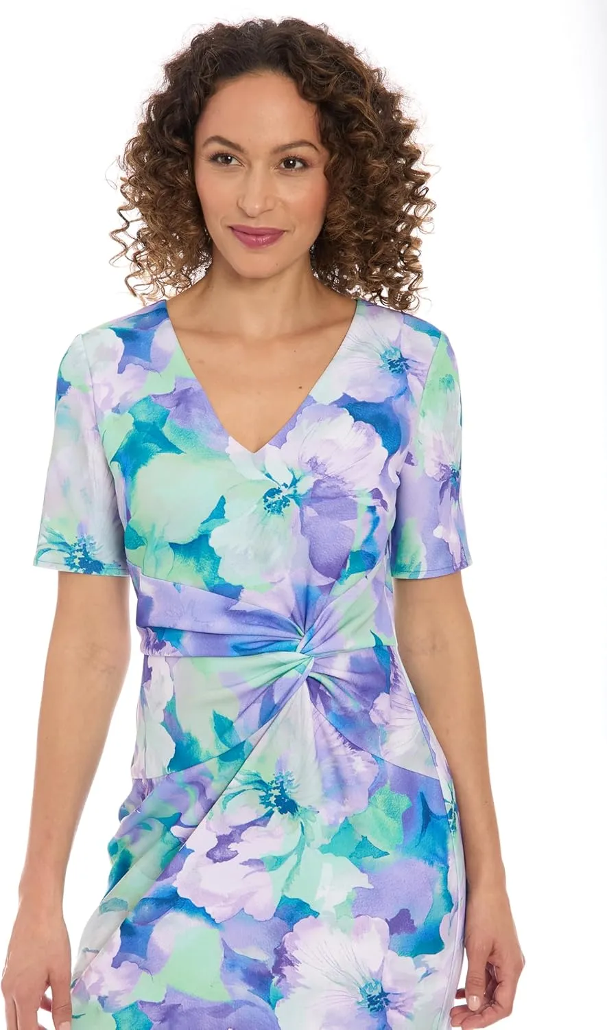 London Times Women's Elegant Midi V-Neck Short Sleeve Twist Waist Flounce Hem-Special Occasion Cocktail Dresses