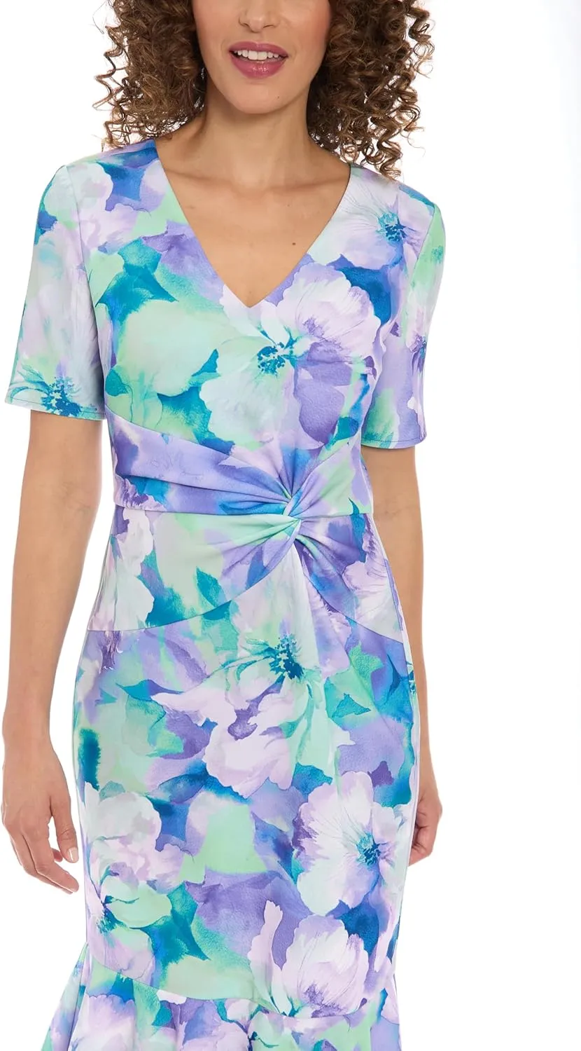 London Times Women's Elegant Midi V-Neck Short Sleeve Twist Waist Flounce Hem-Special Occasion Cocktail Dresses