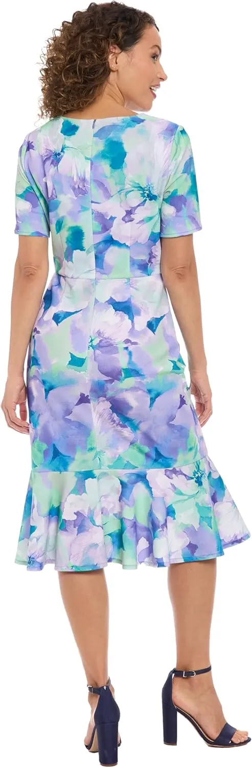 London Times Women's Elegant Midi V-Neck Short Sleeve Twist Waist Flounce Hem-Special Occasion Cocktail Dresses
