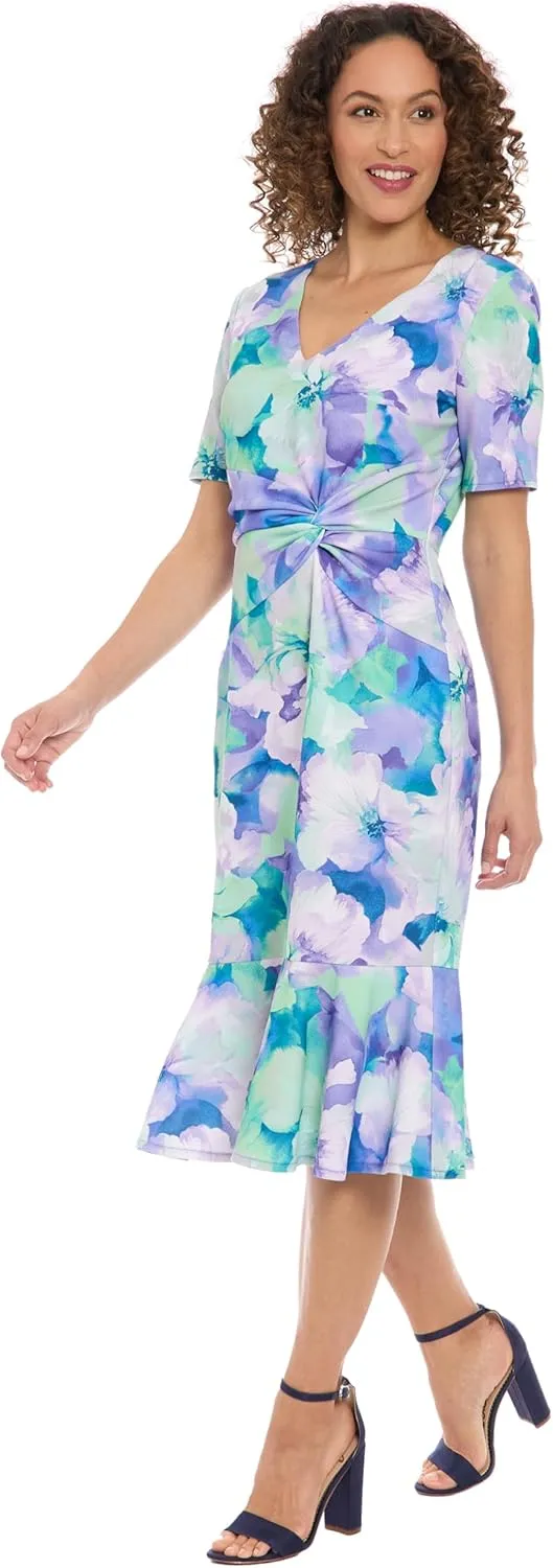 London Times Women's Elegant Midi V-Neck Short Sleeve Twist Waist Flounce Hem-Special Occasion Cocktail Dresses