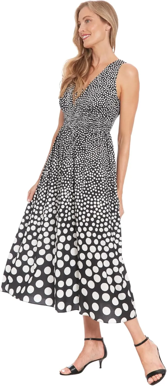 London Times Women's Sleeveless V-Neck Midi Pleated A-line Skirt-Elegant Cocktail Wedding Guest Dress