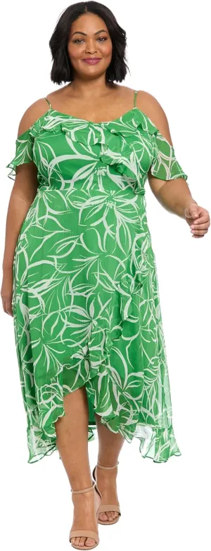 London Times Women's Sweetheart Neckline Cold Shoulder Wrap Maxi Ruffle Hem-Plus Size Special Occasion Dresses
