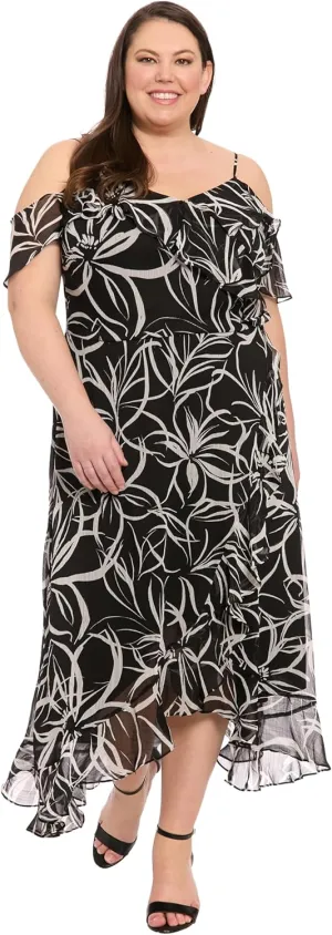 London Times Women's Sweetheart Neckline Cold Shoulder Wrap Maxi Ruffle Hem-Special Occasion Dresses