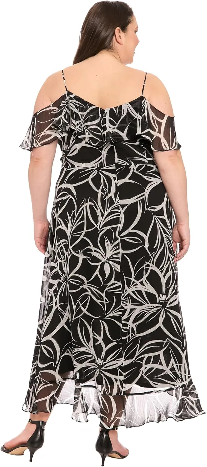 London Times Women's Sweetheart Neckline Cold Shoulder Wrap Maxi Ruffle Hem-Special Occasion Dresses