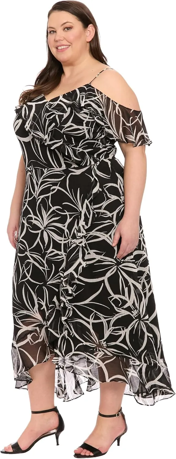 London Times Women's Sweetheart Neckline Cold Shoulder Wrap Maxi Ruffle Hem-Special Occasion Dresses