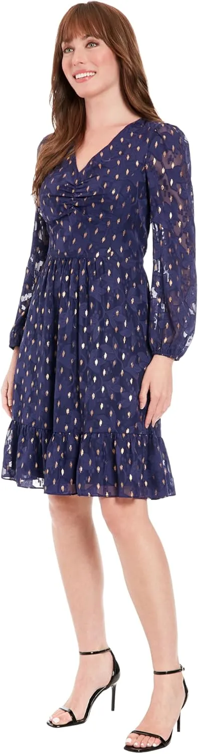London Times Women's V-Neck Ruched Waist Tiered Skirt Dress