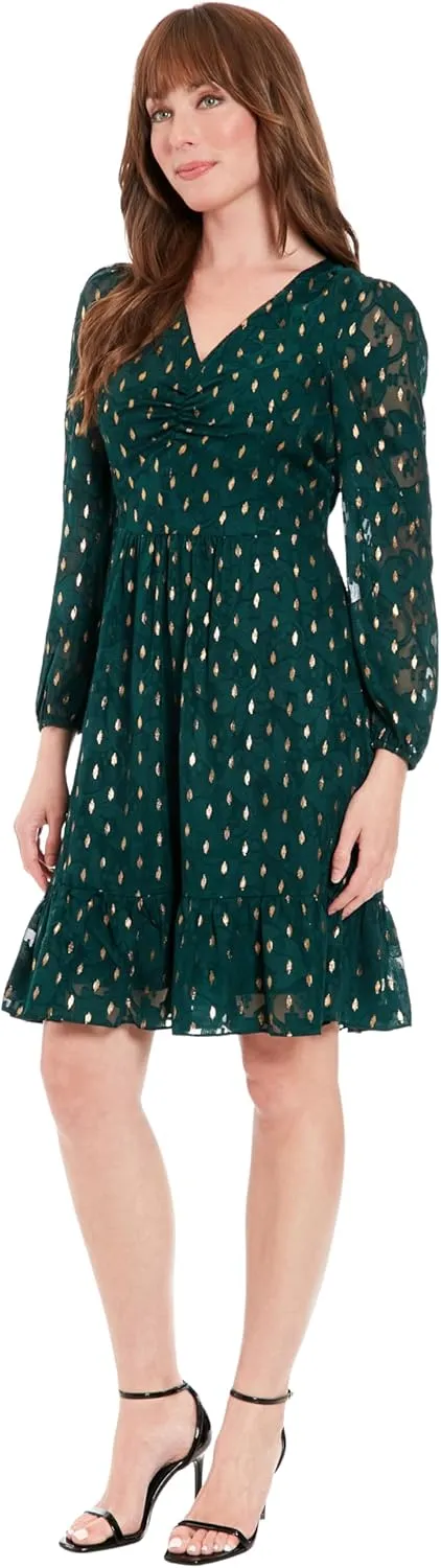 London Times Women's V-Neck Ruched Waist Tiered Skirt Dress