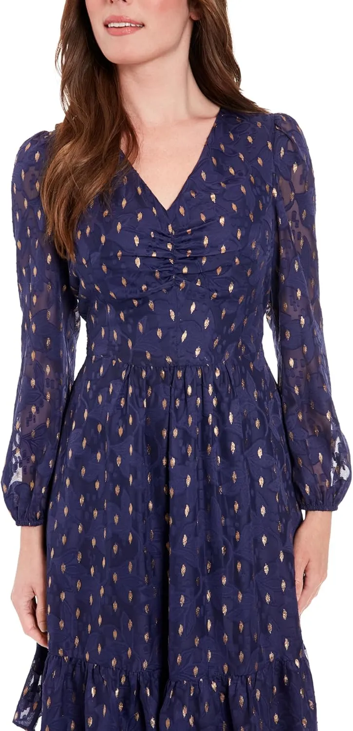 London Times Women's V-Neck Ruched Waist Tiered Skirt Dress