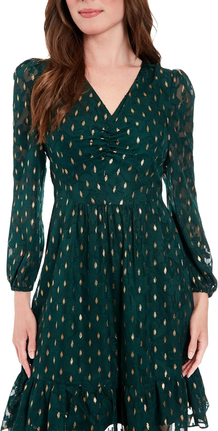 London Times Women's V-Neck Ruched Waist Tiered Skirt Dress