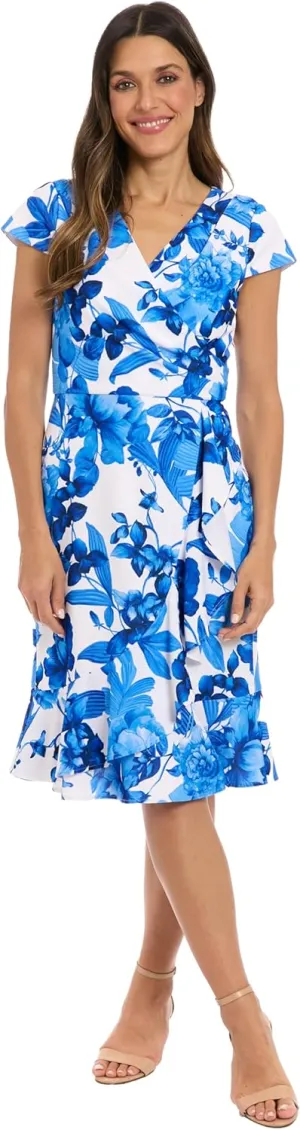London Times Women's Wrap Flutter Cap Sleeves-Knee Length-Elegant V-Neck Wedding Guest Dress