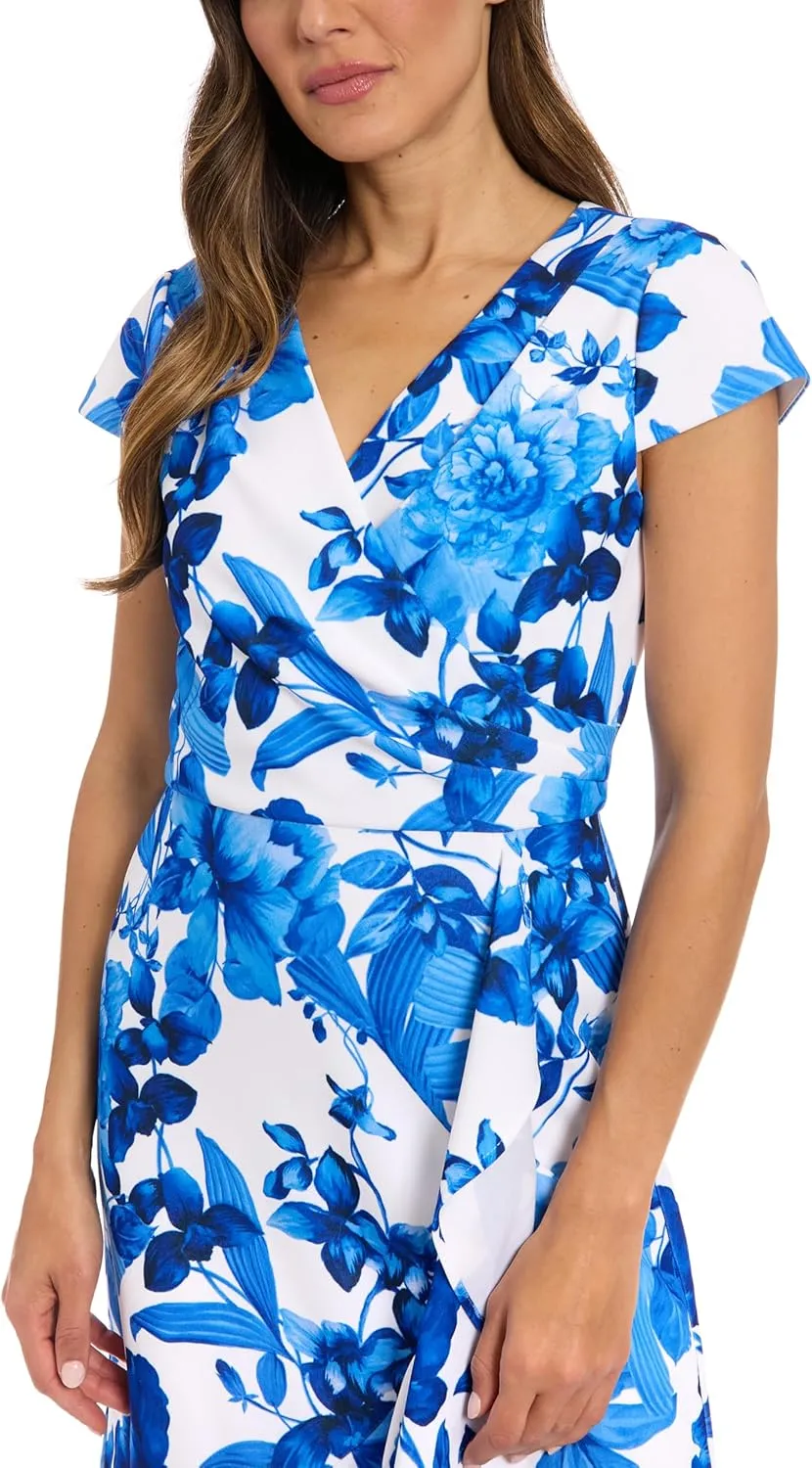 London Times Women's Wrap Flutter Cap Sleeves-Knee Length-Elegant V-Neck Wedding Guest Dress